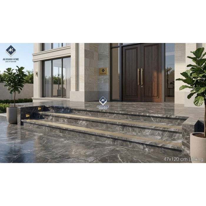 Gạch cầu thang 47x120 bề mặt khắc kim đá marble xám đậm