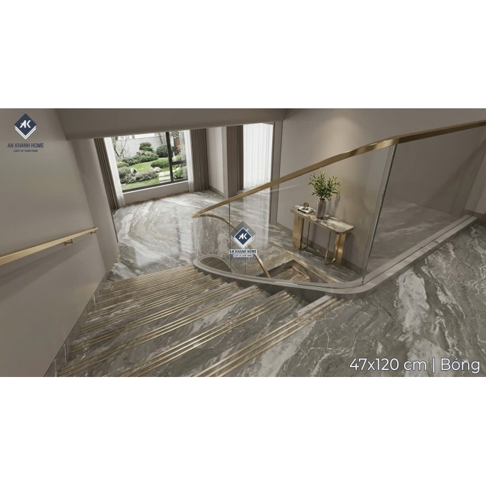 Gạch ốp lát cầu thang xám vân đá khắc kim nhũ vàng 47x120cm