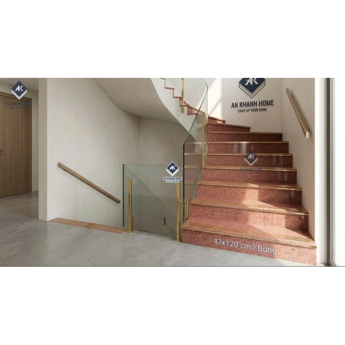 Gạch ốp lát cầu thang 47x120 mè đỏ giả đá hoa cương nhũ vàng