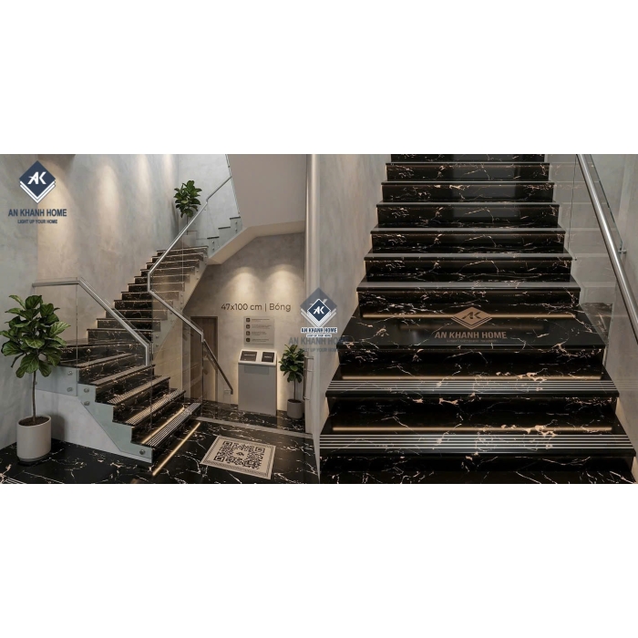 Gạch lát bậc cầu thang tam cấp 47x100cm đen vân vàng cam
