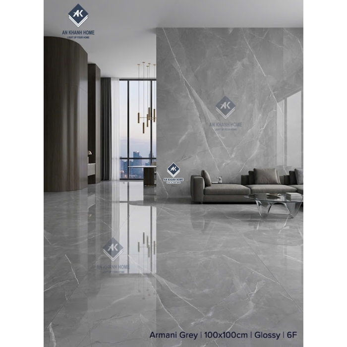 Gạch ấn độ 100x100 màu xám nhạt vân đá Armani Grey bề mặt bóng