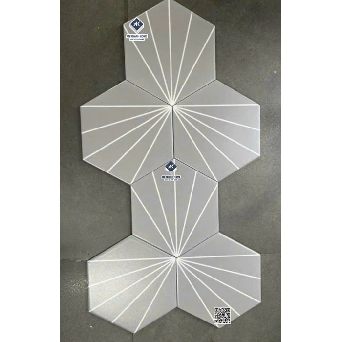 Gạch lục giác 20x23cm xám 5 tia trắng chỉ xòe quạt