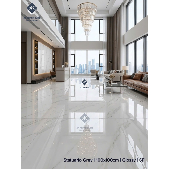 Gạch ấn độ 100x100 màu trắng vân đá Marble Statuario White bề mặt bóng