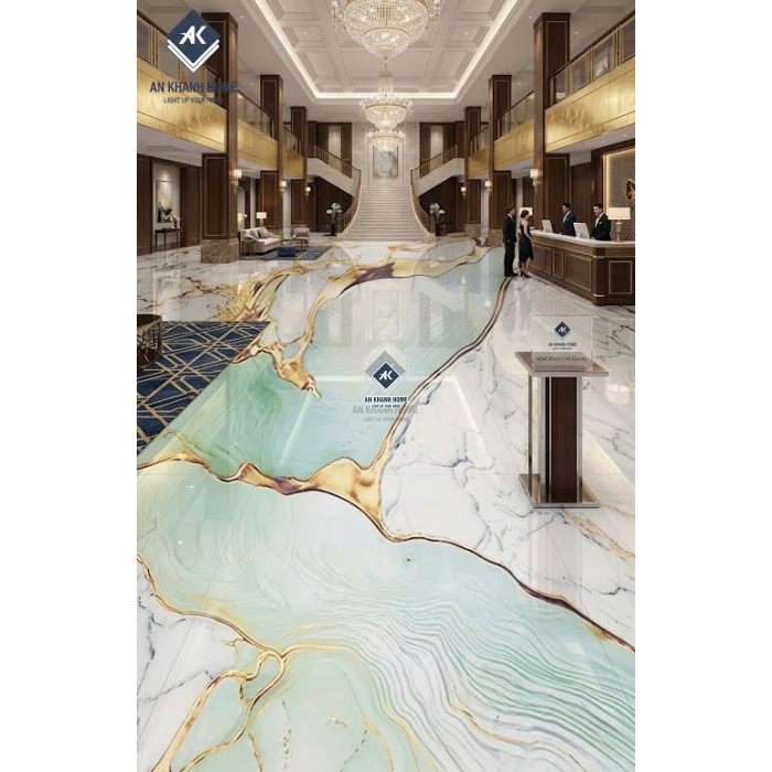 Gạch ốp lát ấn độ 60x120 vân đá xanh trắng nhũ vàng siêu bóng