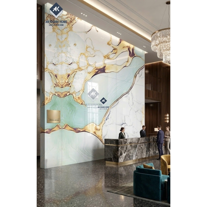 Gạch ốp lát ấn độ 60x120 vân đá xanh trắng nhũ vàng siêu bóng