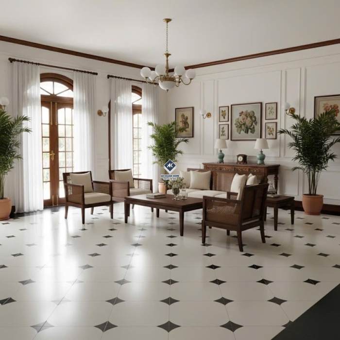 Gạch bông đá mờ 30x30 trắng nhấn đen