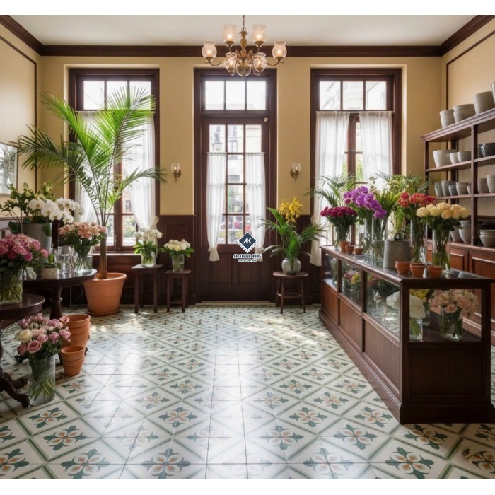 Gạch bông giả cổ 30x30 nền trắng hoa xanh