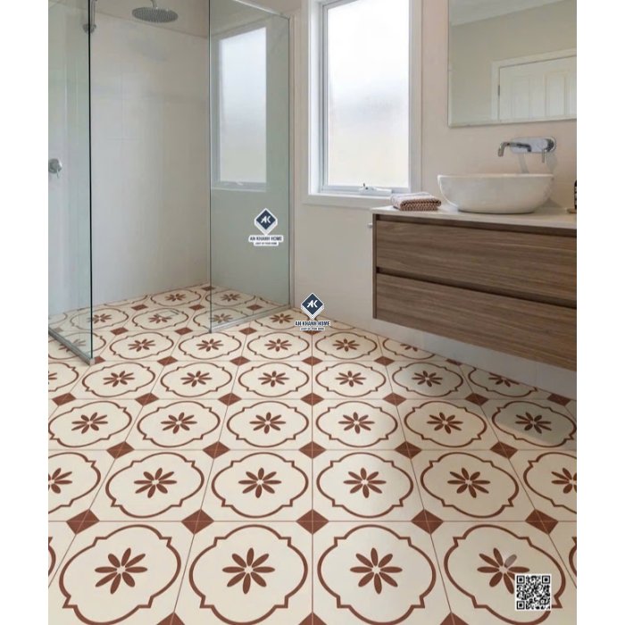 Gạch bông 40x40 đá mờ trắng kem hoa văn màu nâu