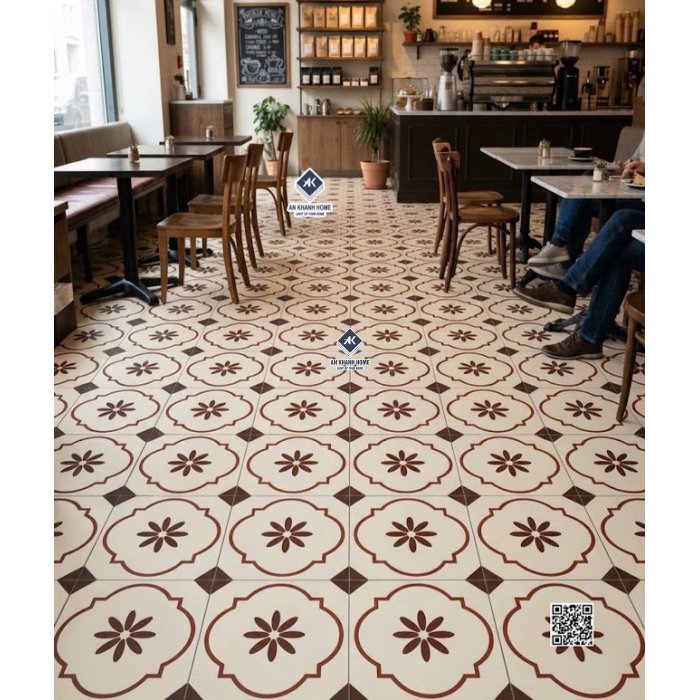 Gạch bông 40x40 đá mờ trắng kem hoa văn màu nâu