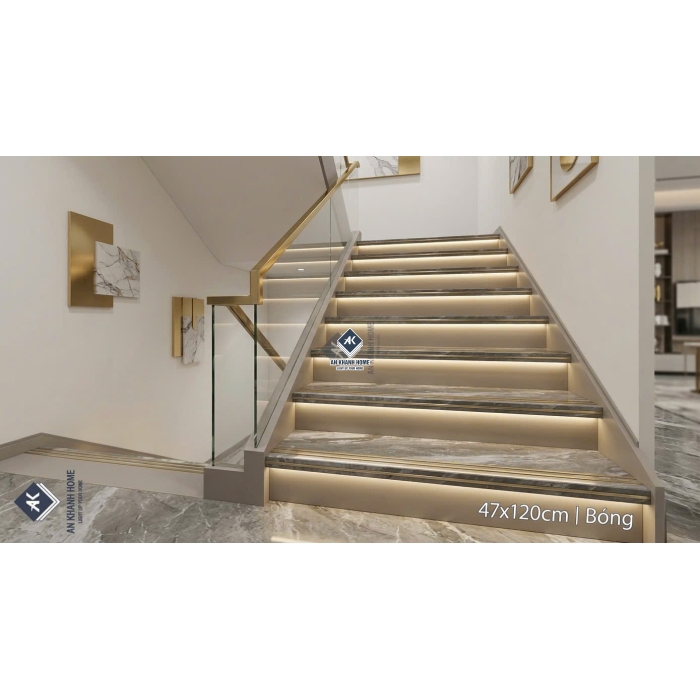 Gạch ốp lát cầu thang xám vân đá khắc kim nhũ vàng 47x120cm