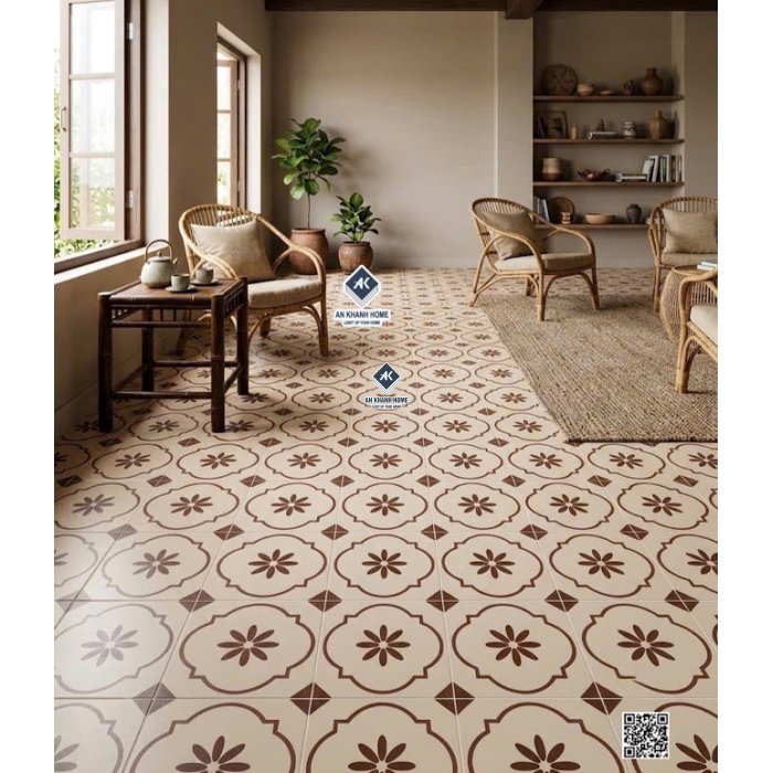 Gạch bông 40x40 đá mờ trắng kem hoa văn màu nâu