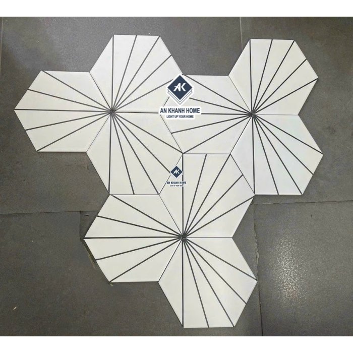 Gạch lục giác 200x230mm trắng họa tiết chỉ xỏe 5 tia đen