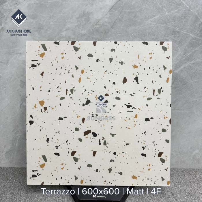 Gạch 60x60 terrazzo màu kem hạt màu xanh vàng mờ