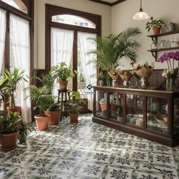 Gạch bông 30x30 hoạ tiết hoa cỏ màu trắng xanh đen