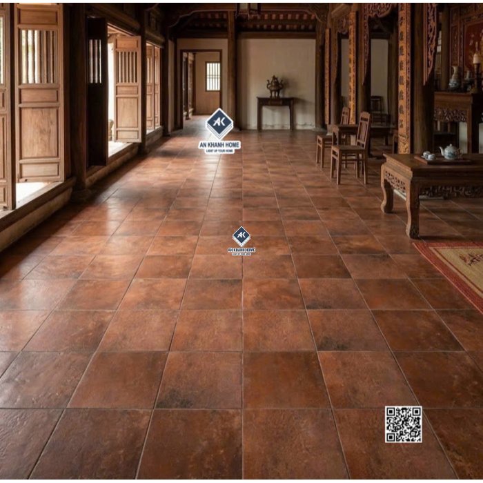 Gạch giả cổ 40x40 đá nhám mờ hiệu ứng màu nâu loang đỏ