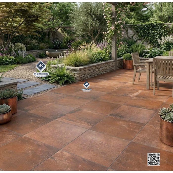 Gạch giả cổ 40x40 đá nhám mờ hiệu ứng màu nâu loang đỏ