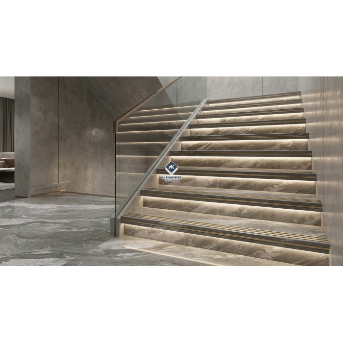 Gạch ốp lát cầu thang xám vân đá khắc kim nhũ vàng 47x120cm