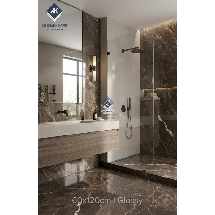 Gạch khổ lớn 60x120 màu nâu đậm vân đá Marble bóng kính