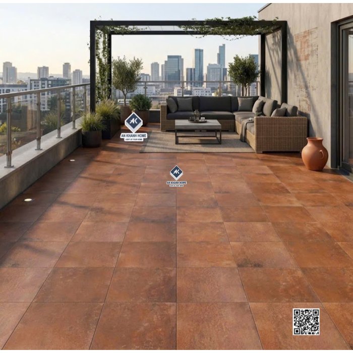 Gạch giả cổ 40x40 đá nhám mờ hiệu ứng màu nâu loang đỏ