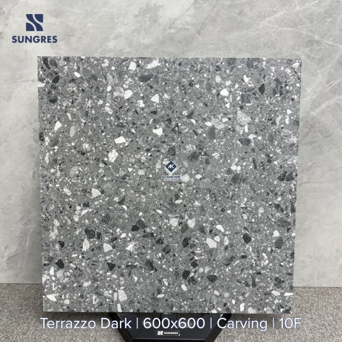 Gạch 60x60 Ấn Độ vân hạt Terrazzo màu xám đậm bề mặt carving chạm khắc