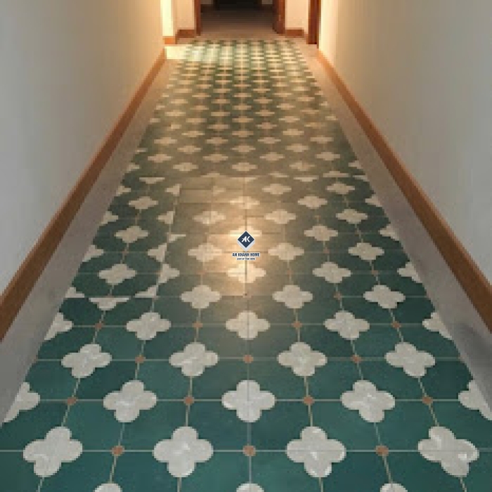 Gạch bông giả cổ 30x30 xanh đậm nhấn hoa