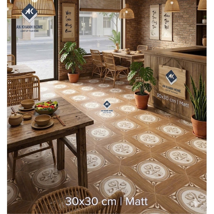 Gạch bông cổ điển 30x30 hoạ tiết viền giả gỗ hoa lá cách điệu