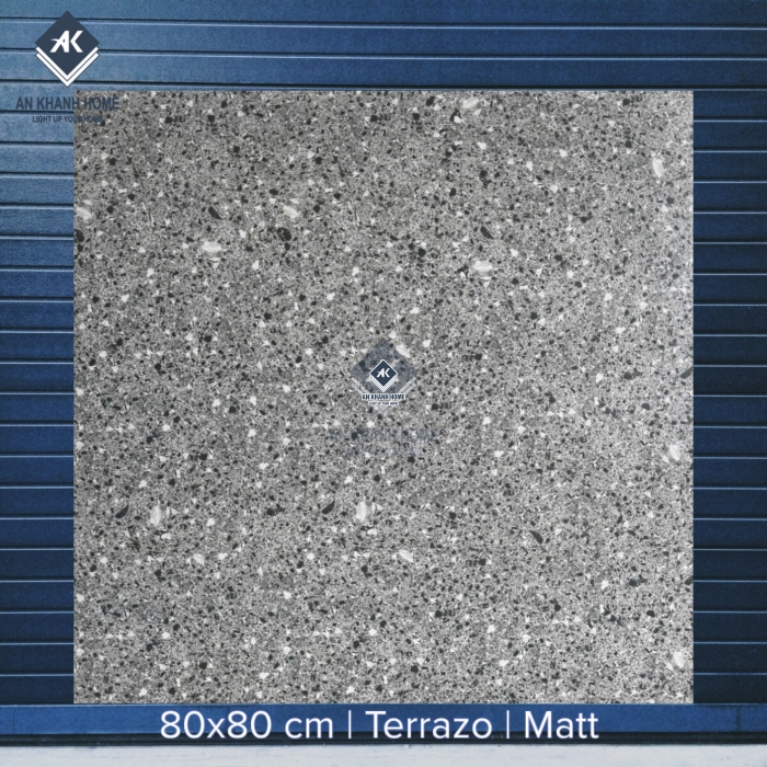 Gạch 80x80 Terrazzo màu xám đậm hạt xám và trắng nhỏ mặt mờ