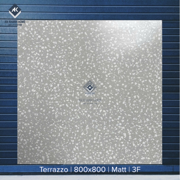 Gạch 80x80 Terrazzo màu xám nhạt hạt trắng lớn mặt mờ