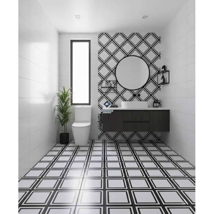 Gạch bông trắng viền đen 30x30 đá mờ
