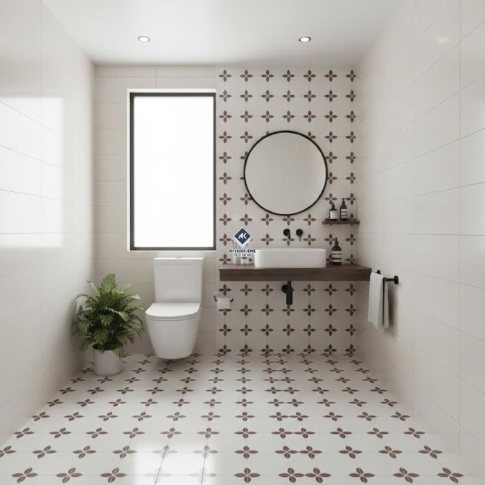 Gạch bông 30x30 giả cổ trắng hoa nâu 4 cánh     