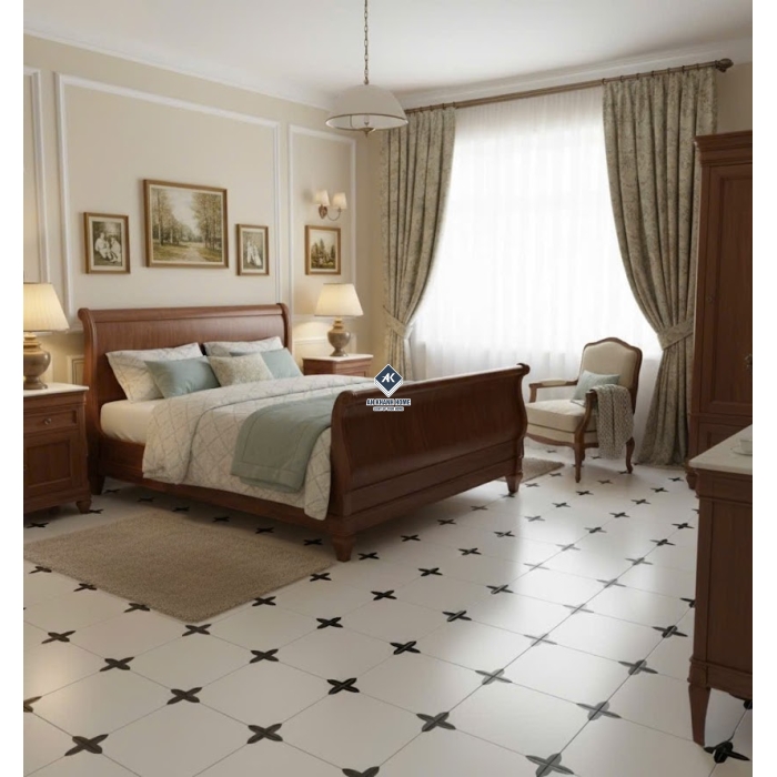 Gạch bông lát nền 30x30 nền trắng nhấn góc đen