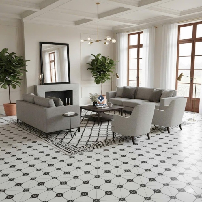 Gạch bông 30x30 màu trắng hoạ tiết đường chéo hoa đen bề mặt mờ