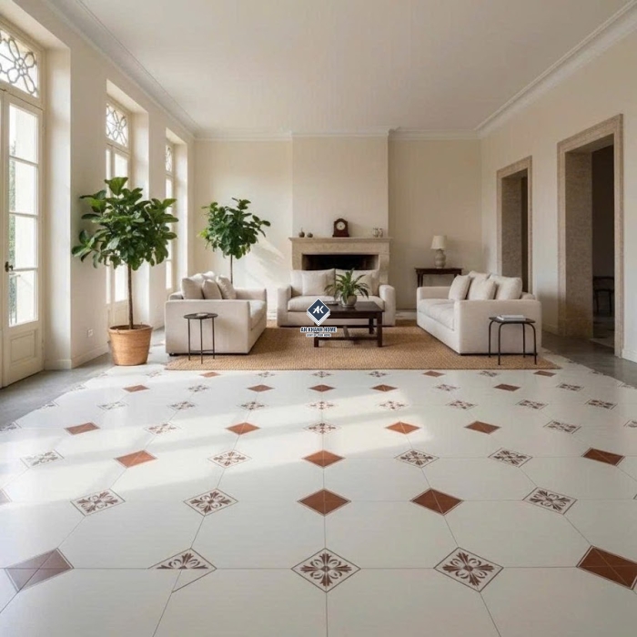 Gạch bông 30x30cm màu trắng kem nhấn góc nâu đỏ   