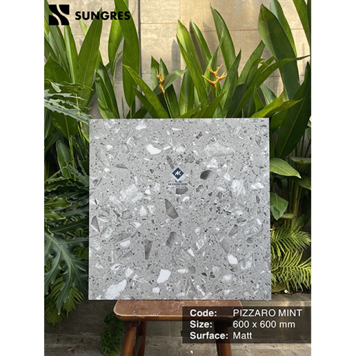 Gạch Ấn Độ 60x60 Terrazzo Xám PIZZARO MINT Bề Mặt Mờ