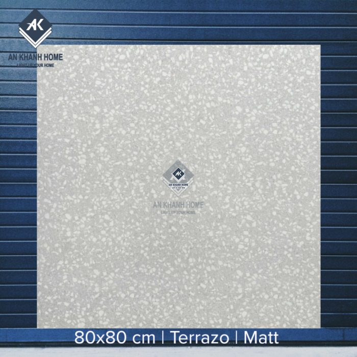 Gạch 80x80 Terrazzo đá mài màu trắng xám hạt trắng mờ 
