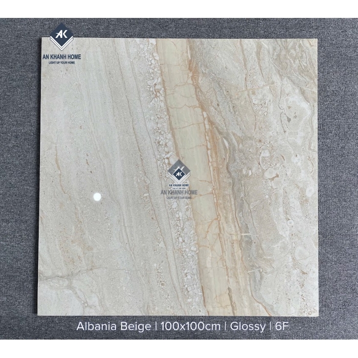 Gạch ấn độ 100x100 màu vàng kem vân đá Marble Albania Beige bề mặt bóng kiếng