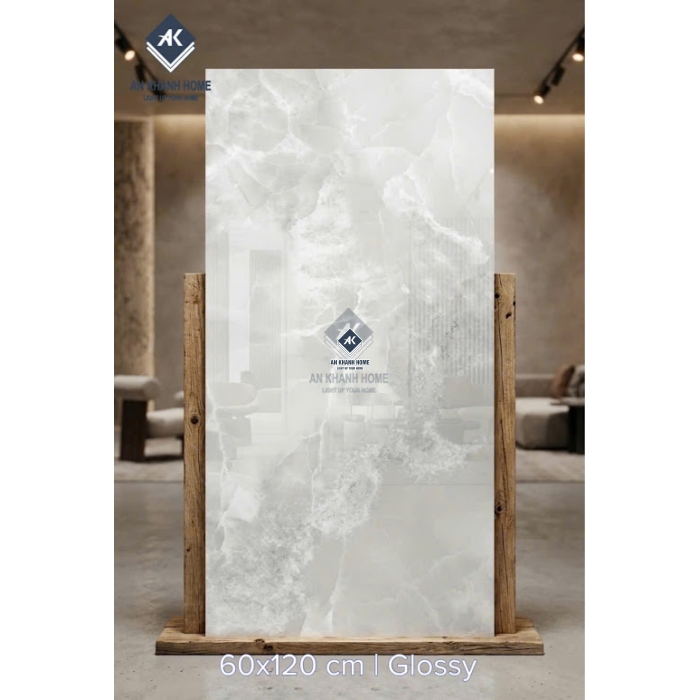 Gạch ấn độ 60x120 bóng kính vân đá Onyx xám nhạt