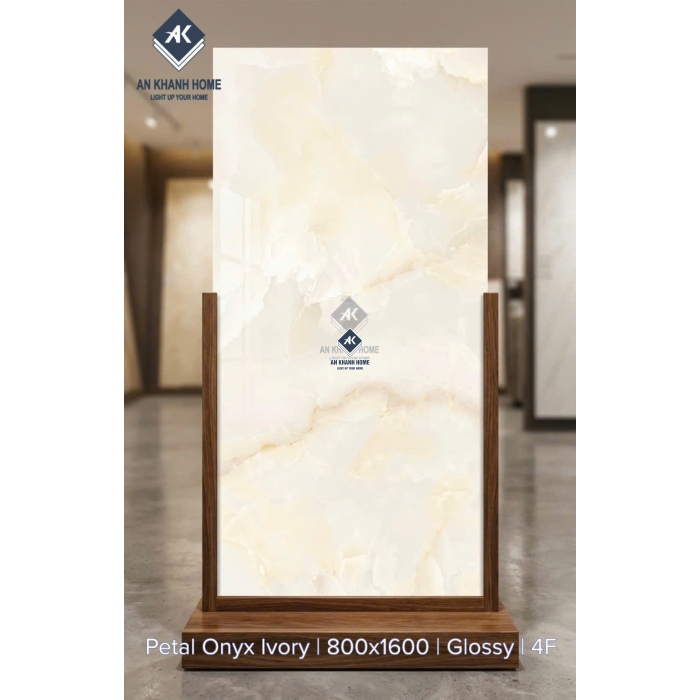 Gạch ấn độ 80x160 Petal Onyx Ivory vàng kem vân đá bóng kiếng cao cấp