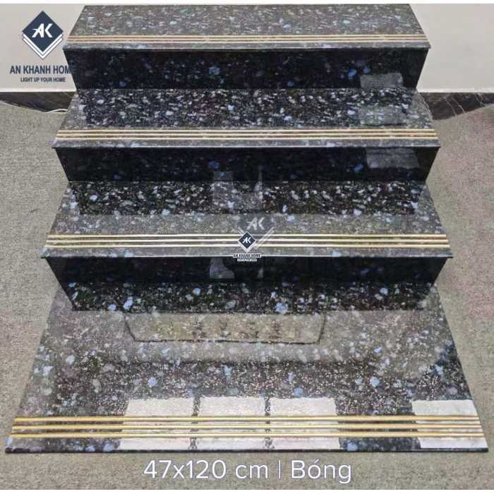 Gạch bậc cầu thang 47x120 giả đá hoa cương xanh đen nhũ vàng