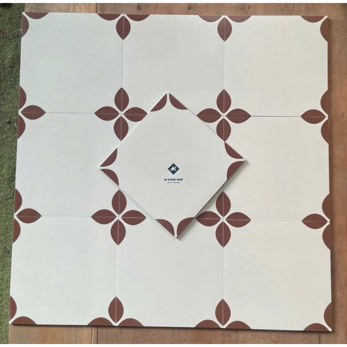 Gạch bông 30x30 giả cổ trắng hoa nâu 4 cánh     