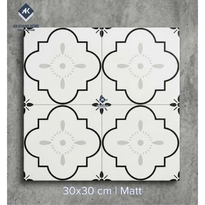Gạch bông 30x30 hoạ tiết cánh hoa cổ điển màu đen trắng xám