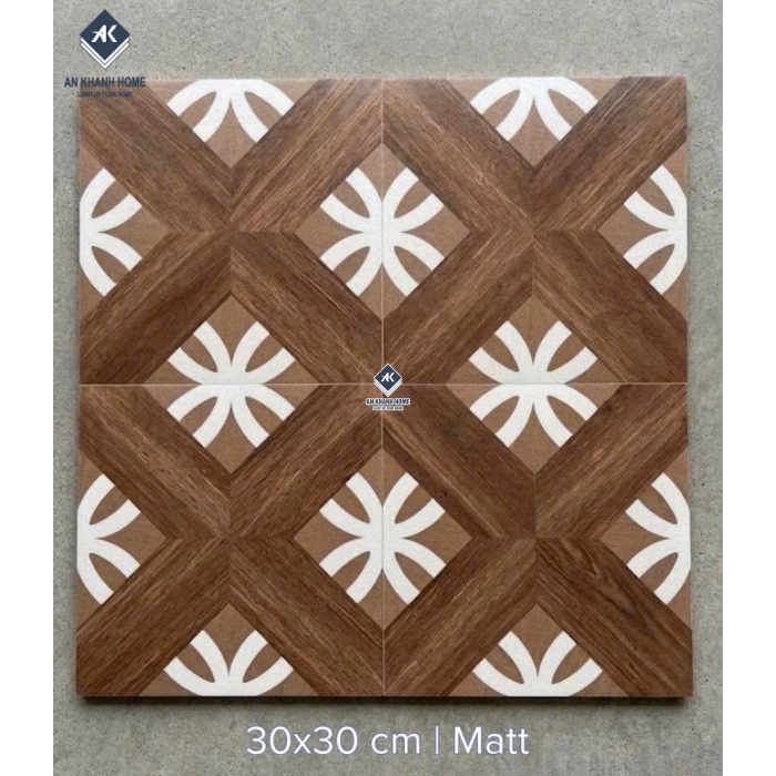 Gạch bông 30x30 hoạ tiết gỗ nhấn hoa đối xứng