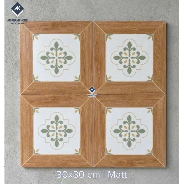 Gạch bông 30x30 hoạ tiết hoa lá đối xứng viền vân gỗ