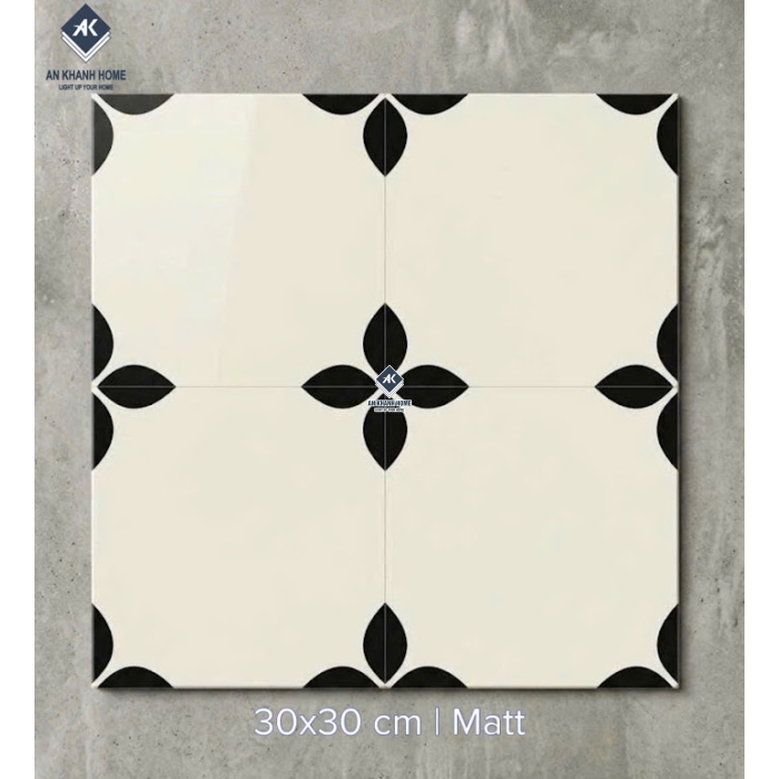 Gạch bông 30x30 nền trắng kem hoạ tiết hoa 4 cánh đen