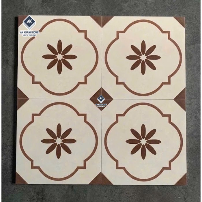 Gạch bông 40x40 đá mờ trắng kem hoa văn màu nâu