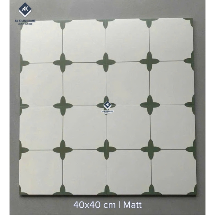 Gạch bông 40x40 hoạ tiết cánh hoa màu xanh lá nền trắng