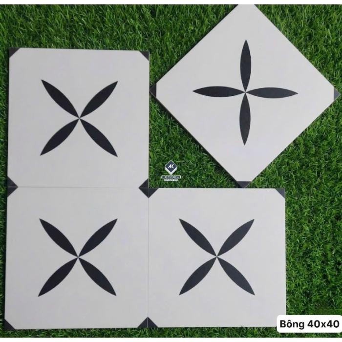 Gạch bông 40x40 nền trắng hoạ tiết cánh hoa đen cổ điển tối giản