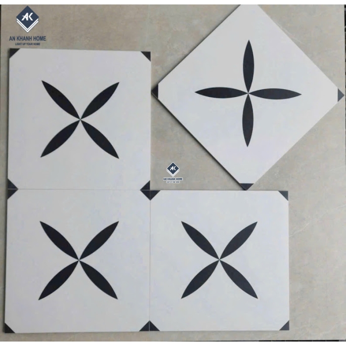 Gạch bông 40x40 nền trắng hoạ tiết cánh hoa đen cổ điển tối giản