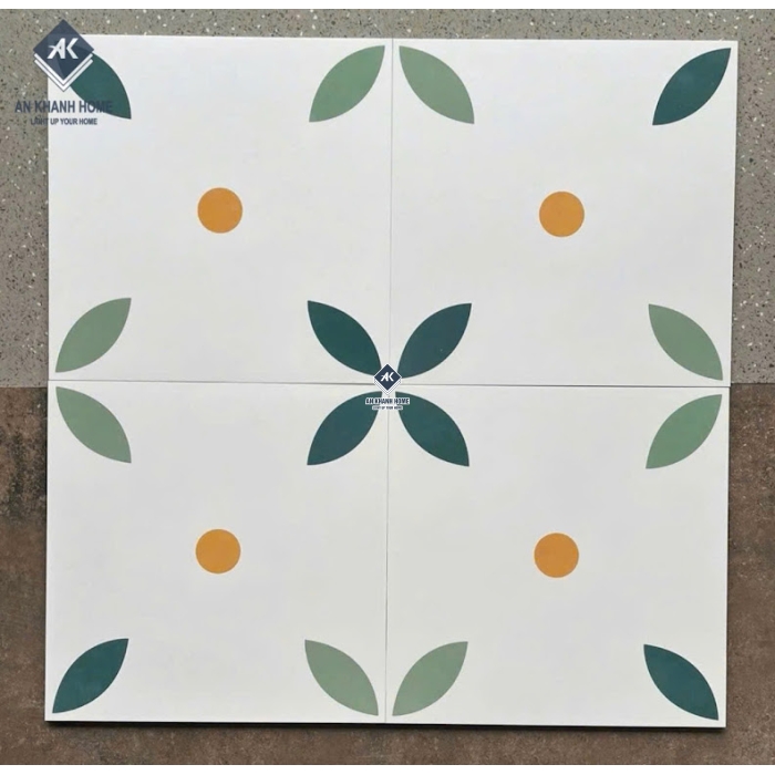 Gạch bông 40x40 nền trắng hoạ tiết lá xanh