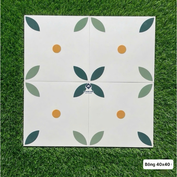 Gạch bông 40x40 nền trắng hoạ tiết lá xanh